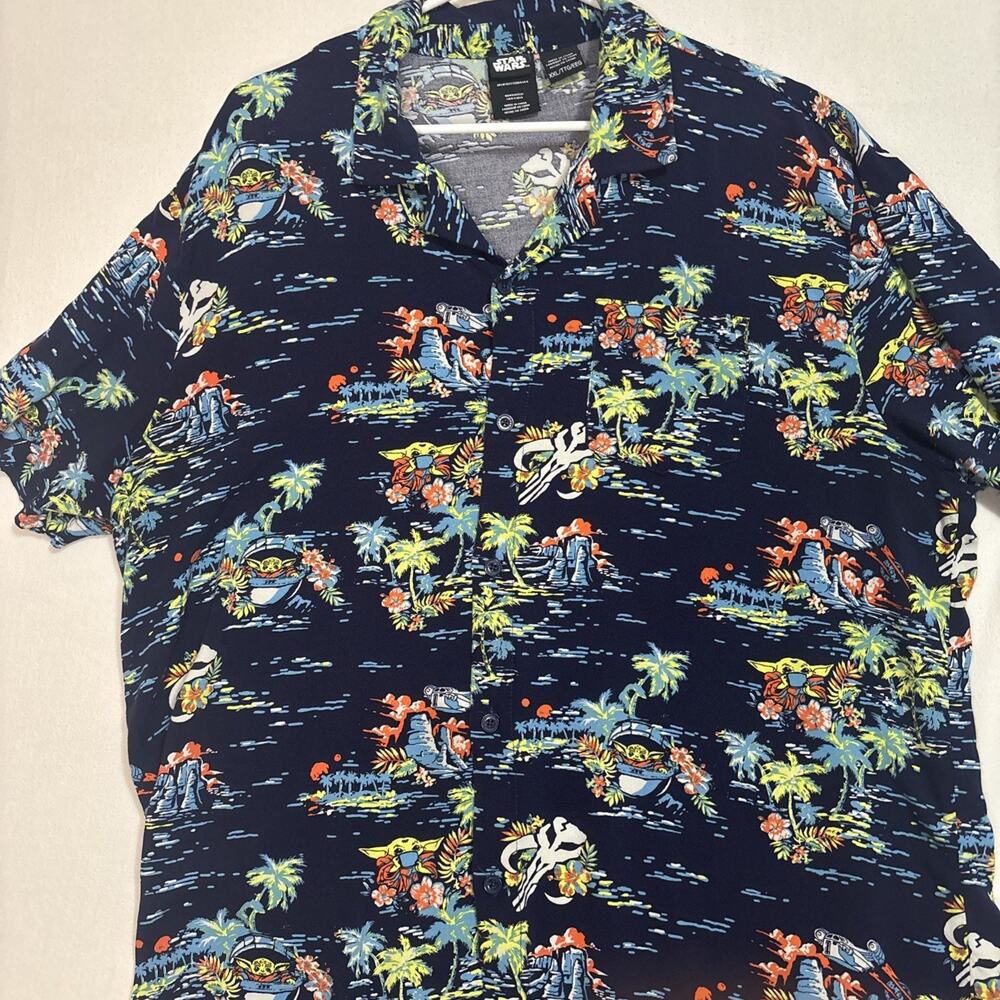 Star Wars Mandalorian Baby Yoda Grogu Hawaiian Button Up Shirt Men's 2XL Blue